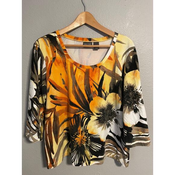 Chicos Shirt Womens 3 US XL Orange Black Floral 3/4 Sleeve Tropical Artsy - Picture 1 of 7